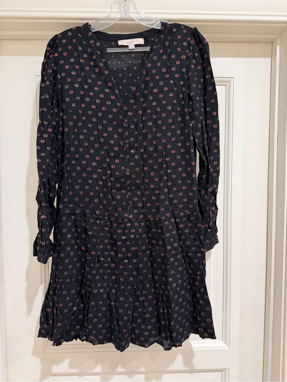 LOFT Black Metallic Dot Tiered Button Front Dress XS